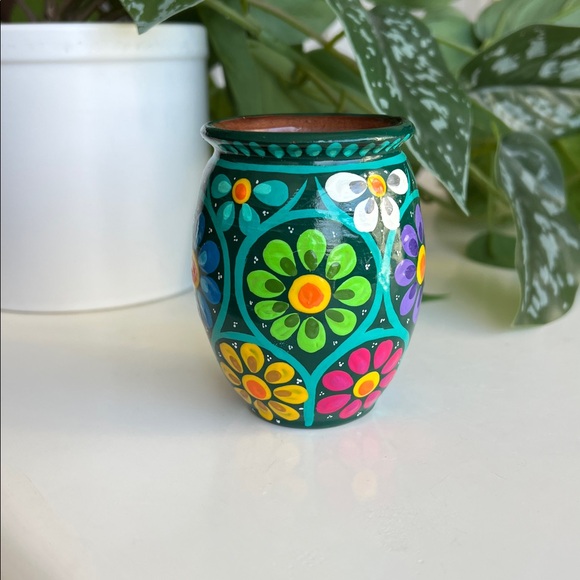 Hand Painted Floral Small Mini Terracotta Vase Decor Vintage - Picture 3 of 12